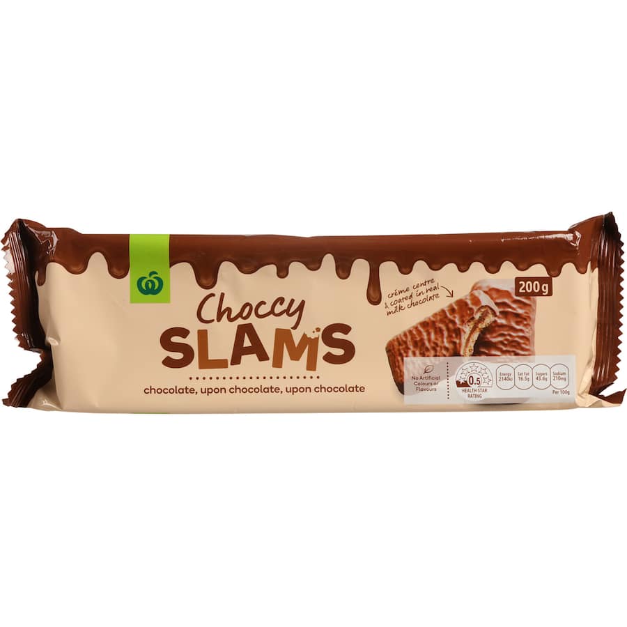 Woolworths Chocolate Biscuits Chocy Slams, two creamy-filled biscuits coated in real milk chocolate, perfect for indulgent snacking.