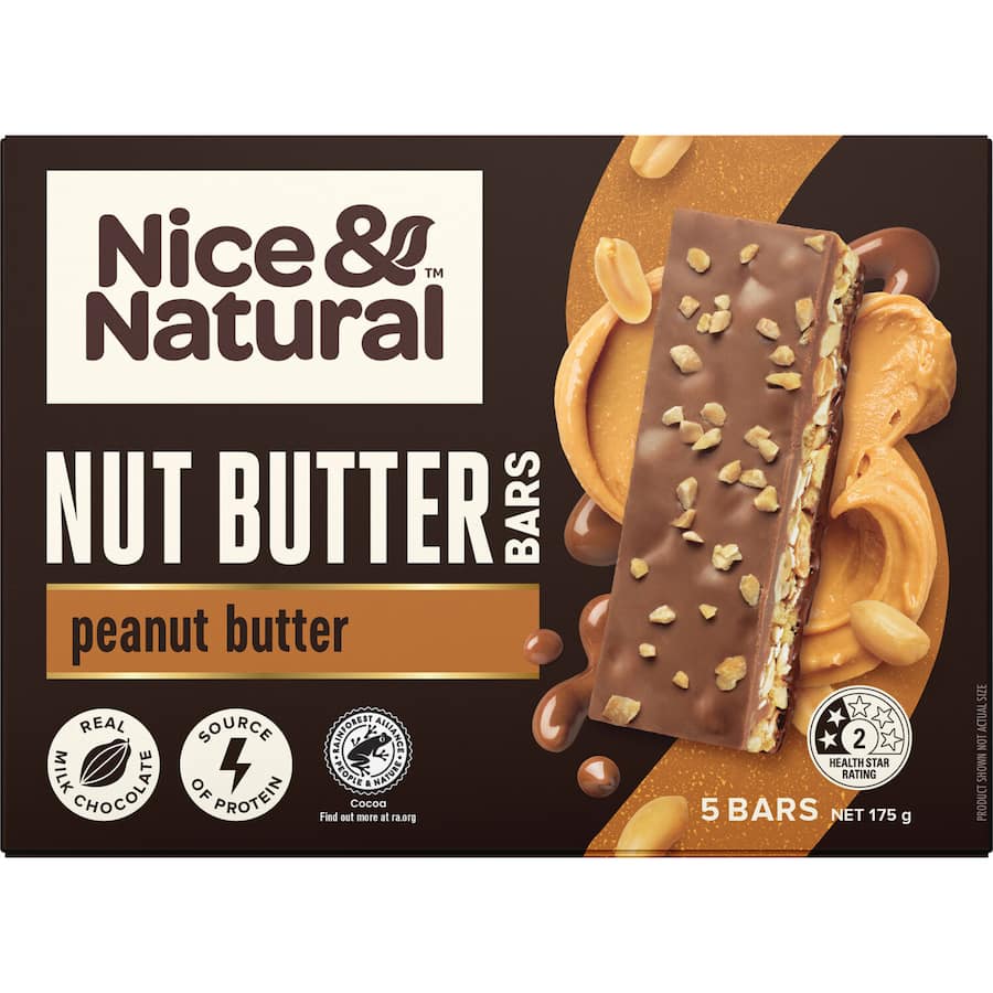 Nut bar with roasted peanuts, wholegrain oats, soy crisps, coated in milk chocolate and topped with peanut butter.