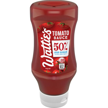 Wattie's Tomato Sauce 560g with 50% less sugar and salt, perfect for healthier meals and summer barbecues.