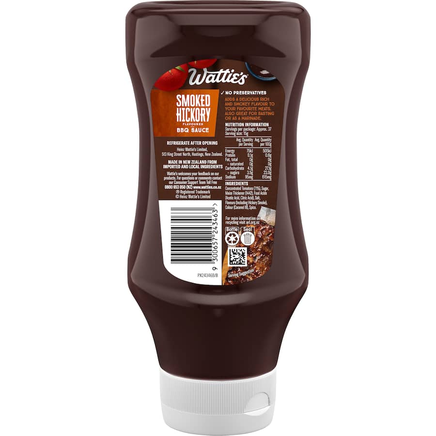 Wattie's BBQ Sauce Smoked Hickory Flavoured, a rich and smoky condiment perfect for marinating meats and enhancing BBQ flavors.