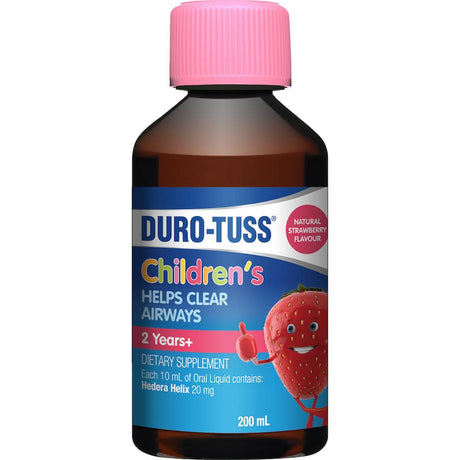 Duro-Tuss Children's strawberry supplement helps clear airways, sugar-free and safe for kids aged 2+, promotes easier breathing.