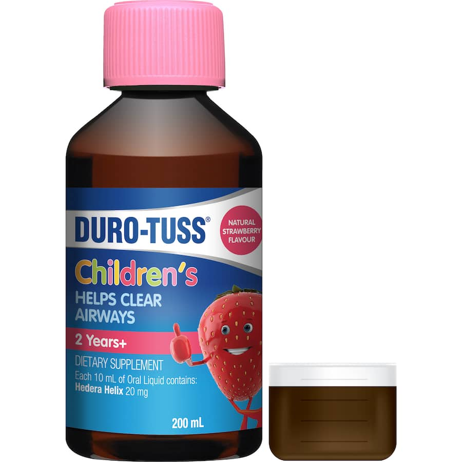 Duro-Tuss Children's Helps Clear Airways Strawberry, a sugar-free, non-drowsy supplement for clear breathing in kids aged 2+.