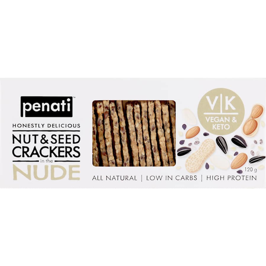 Penati Nut & Seed Crackers Nude: Crunchy, nutritious all-natural crackers, high in protein and healthy fats, perfect for snacking.