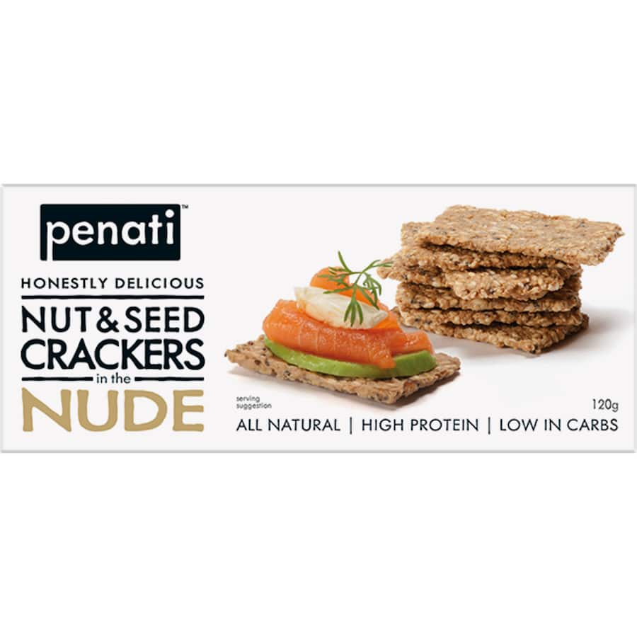 Crunchy Penati Nut & Seed Crackers Nude, high in protein and healthy fats, perfect for guilt-free snacking anytime.