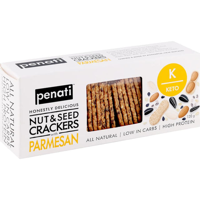 Nut and seed crackers with Parmesan cheese, high in protein and low in carbs, perfect for healthy snacking.