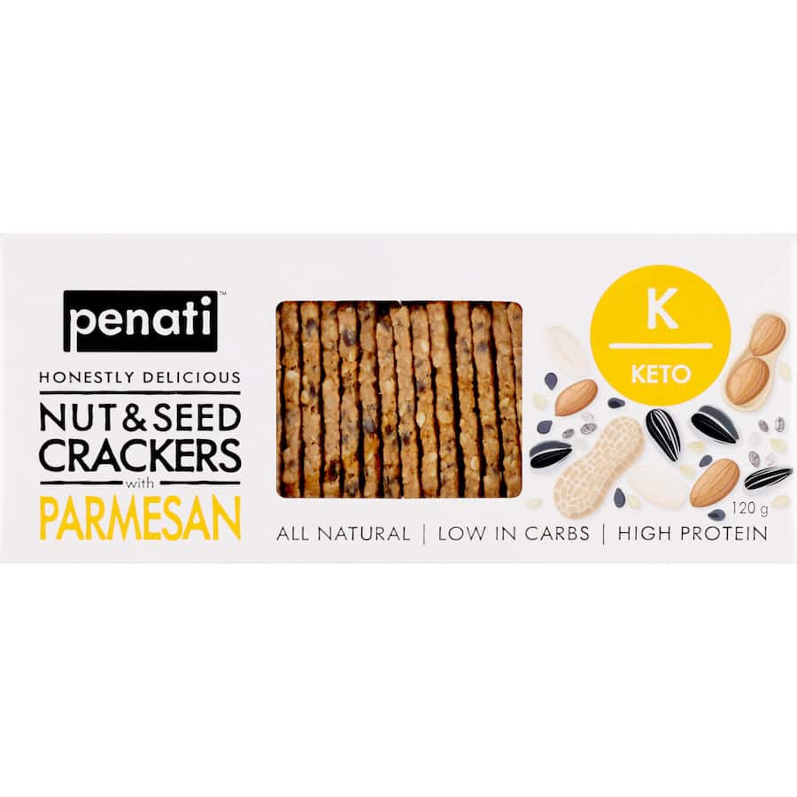 Crunchy Penati Nut & Seed Crackers with Parmesan, high in protein, low in carbs, all-natural, perfect for health-conscious snacking.