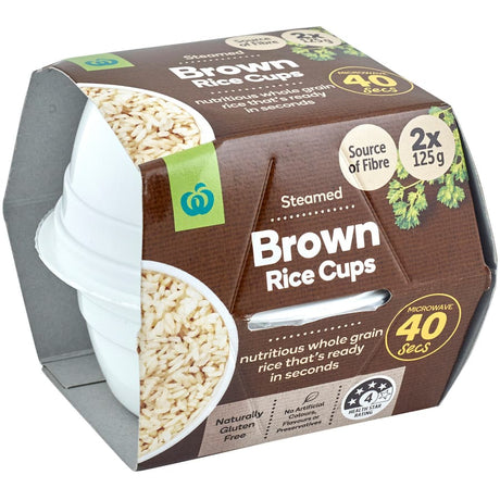 Microwaveable brown rice cups, ready in 40 seconds, nutritious, gluten-free, and perfect for quick meals or sides.