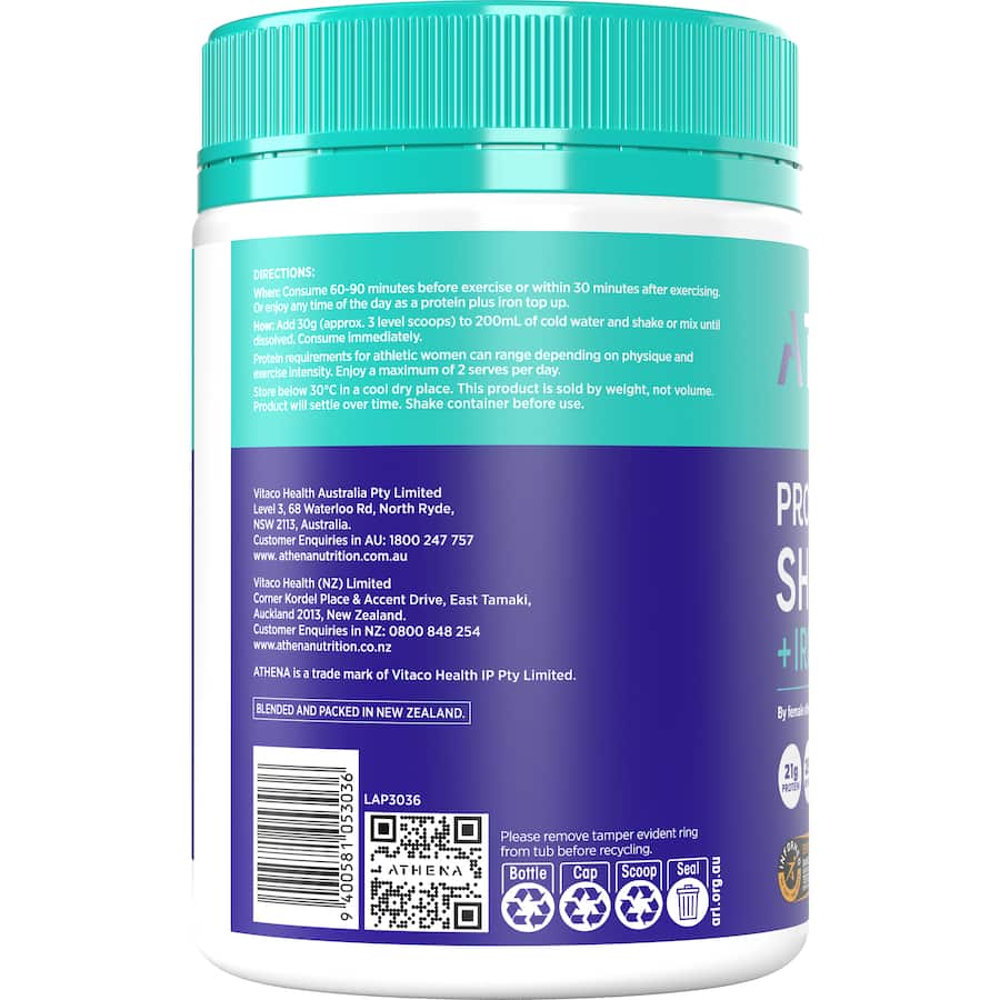 Athena Protein Shake Vanilla: low-carb protein blend with added Iron, Vitamin C, and Digestive Enzymes for optimal workout recovery.