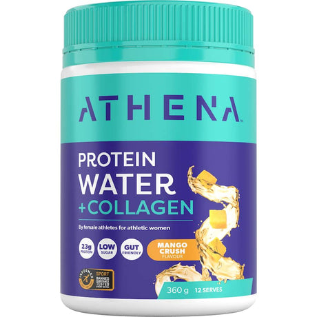 Chilled mango-flavored protein water with collagen for hydration and recovery, ideal for athletes and fitness enthusiasts.