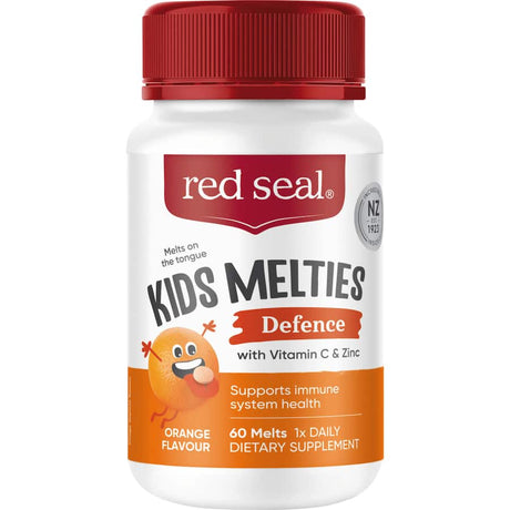 Red Seal Kids Melties Defence, orange-flavored vitamin supplements with Vitamin C and Zinc for immune support.