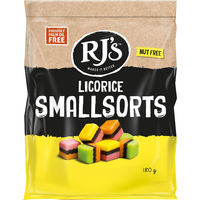 Colorful RJ's Licorice Smallsorts, a 180g treat with chewy licorice core and sweet outer layer, perfect for candy lovers.