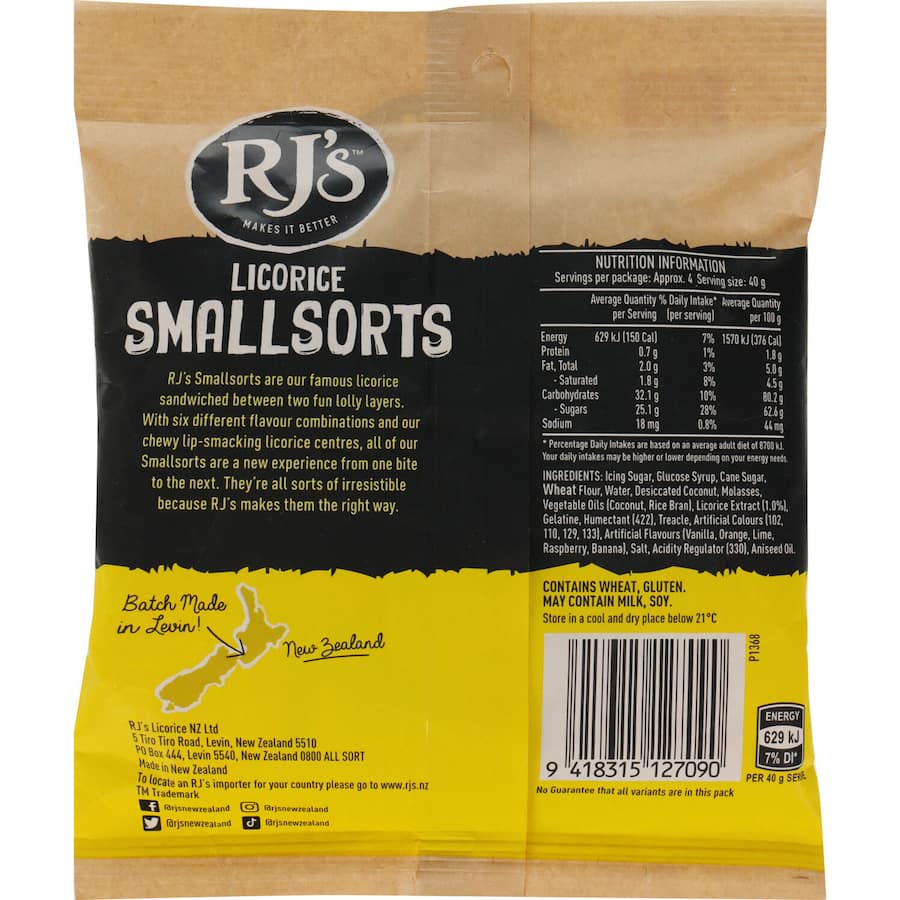 Colorful RJ's Licorice Smallsorts in a 180g pack, featuring a sweet outer layer and chewy licorice core, perfect for sharing.