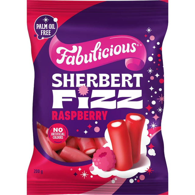 Colorful Fabulicious Sherbert Fizz candy showcasing fizzy raspberry and citrus flavor for a playful, indulgent treat.