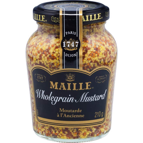 Maille Mustard Wholegrain Mild features a grainy texture with mustard seeds, offering a mild yet flavorful addition to dishes.