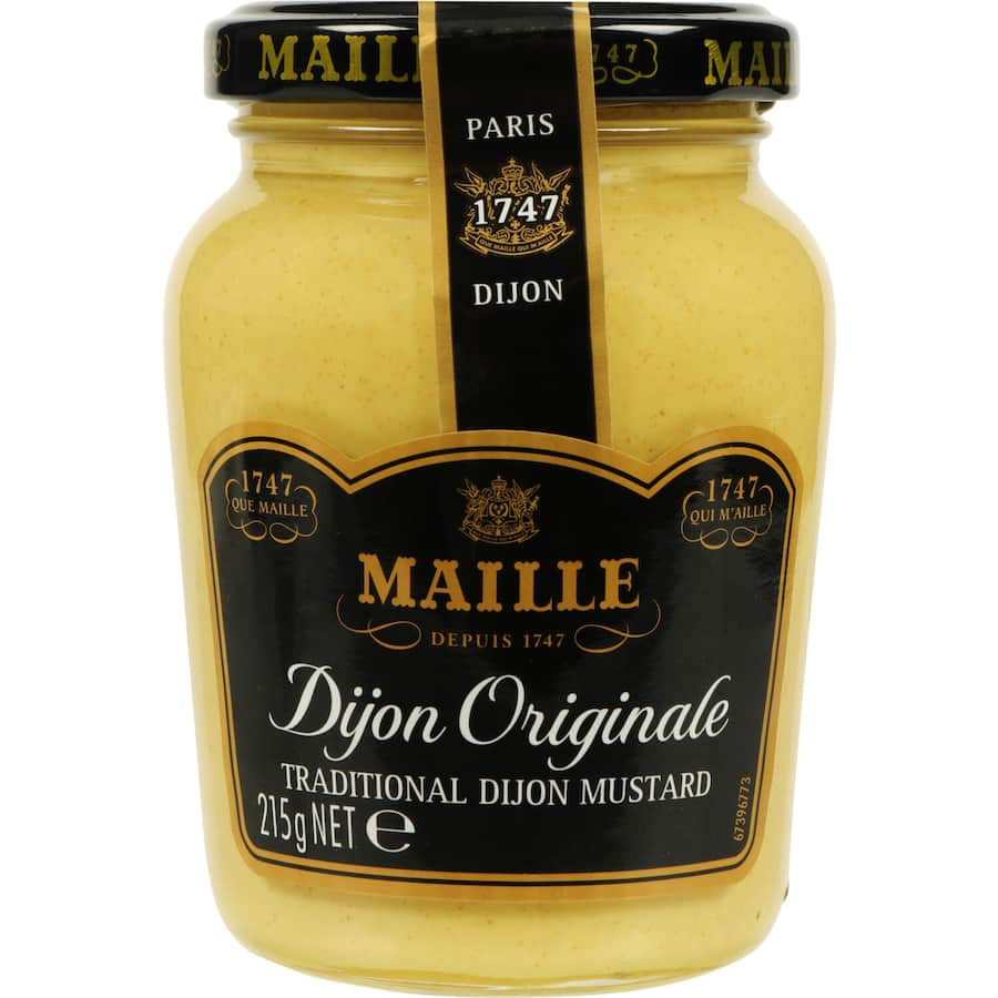 Maille Mustard Dijon Originale in an elegant jar, showcasing its creamy texture and spicy flavor for gourmet cooking.