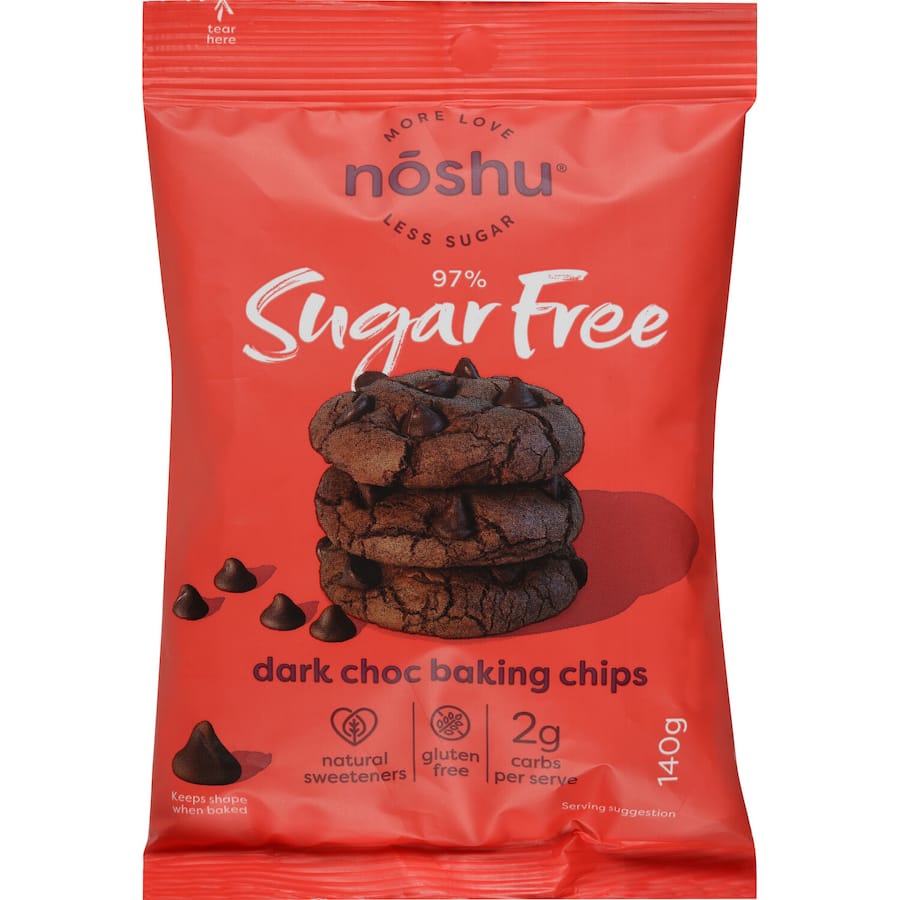 Noshu 97% sugar-free dark chocolate chips, perfect for guilt-free baking and keto-friendly treats.