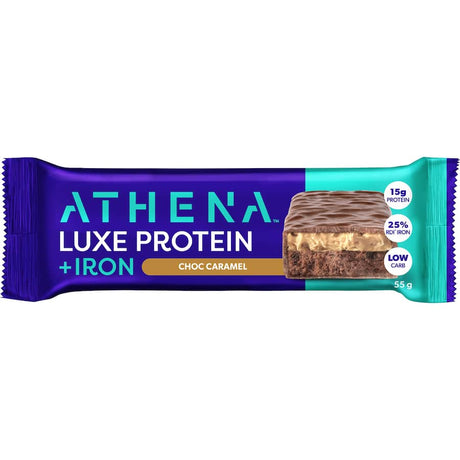 Athena Luxe Protein Bar in Chocolate Caramel, a low-carb snack with 15g protein, perfect for women's post-workout recovery.