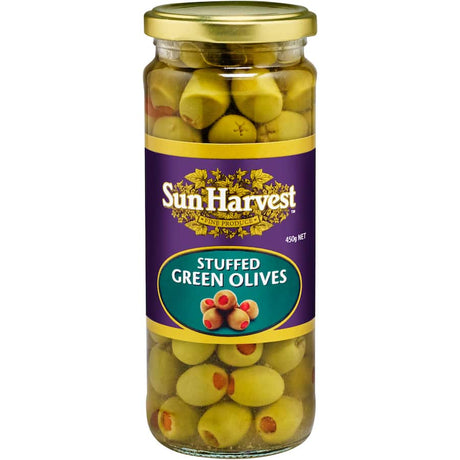 Green Spanish olives stuffed with pimento paste, perfect for snacking or adding to meals, vegetarian-friendly and natural.