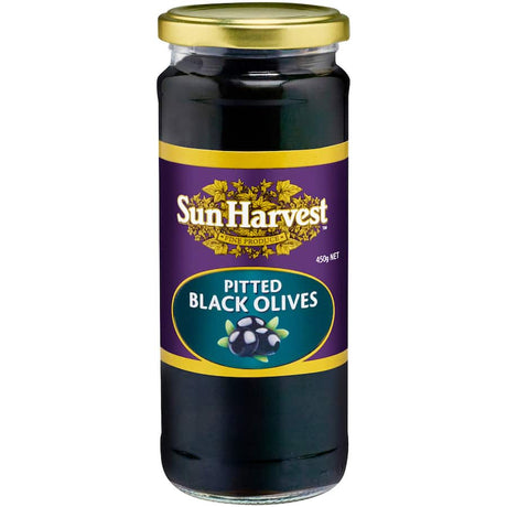 Spanish black pitted olives from Sun Harvest, perfect for adding rich flavor to salads and pasta dishes.