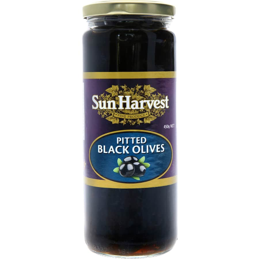 A jar of Sun Harvest Black Pitted Olives, perfect for adding rich Mediterranean flavor to various dishes.