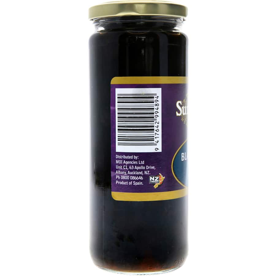 Black pitted olives from Sun Harvest, perfect for enhancing salads and pasta with authentic Mediterranean flavor.