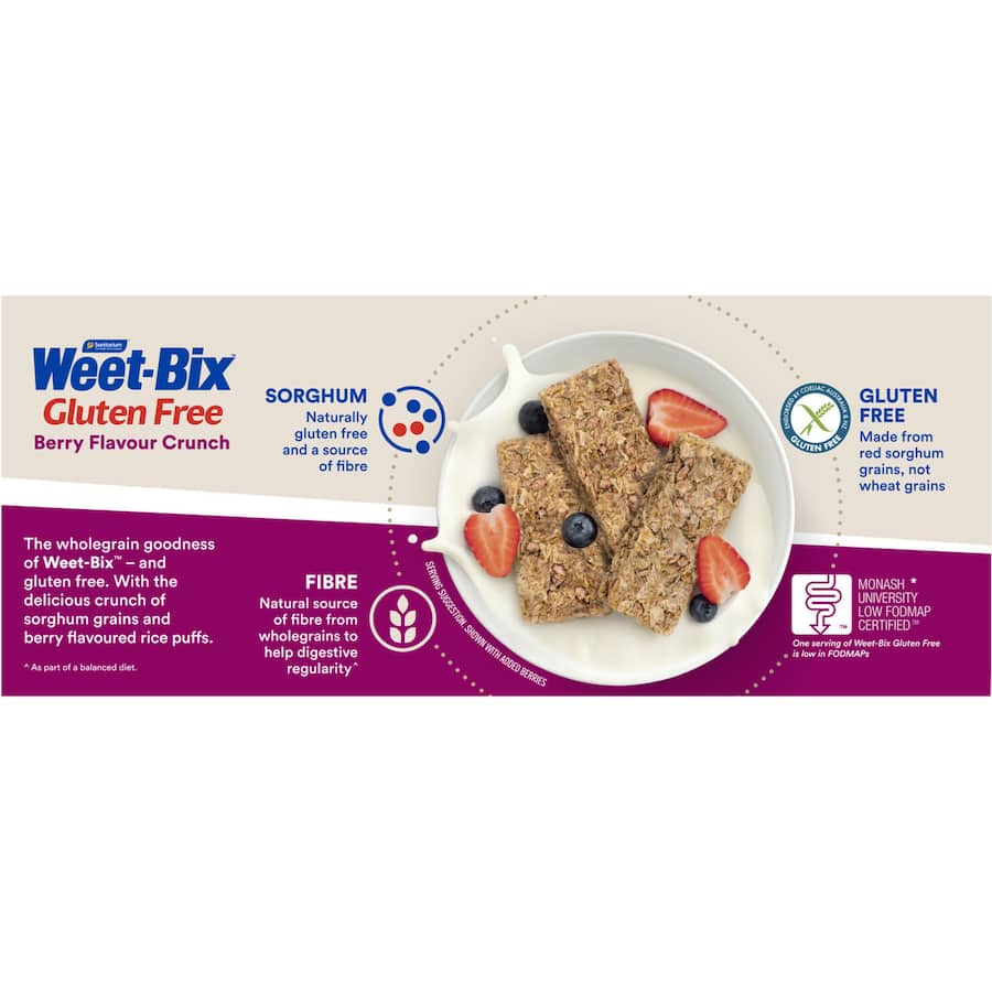 Sanitarium gluten-free wheat biscuits with berry flavor, made from sorghum for a nutritious and tasty snack.