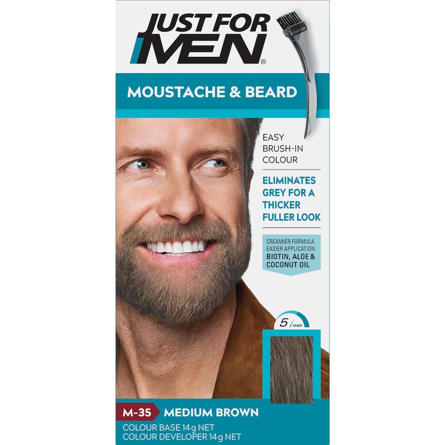 Just For Men Moustache & Beard Colour in Medium Brown, a fast-acting, ammonia-free gel that revitalizes and nourishes facial hair.