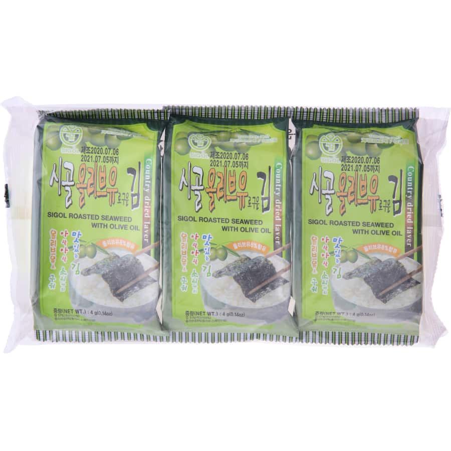 Crispy Sigol Seaweed Nori Snack with Olive Oil, a healthy 4g treat rich in umami and perfect for on-the-go snacking.