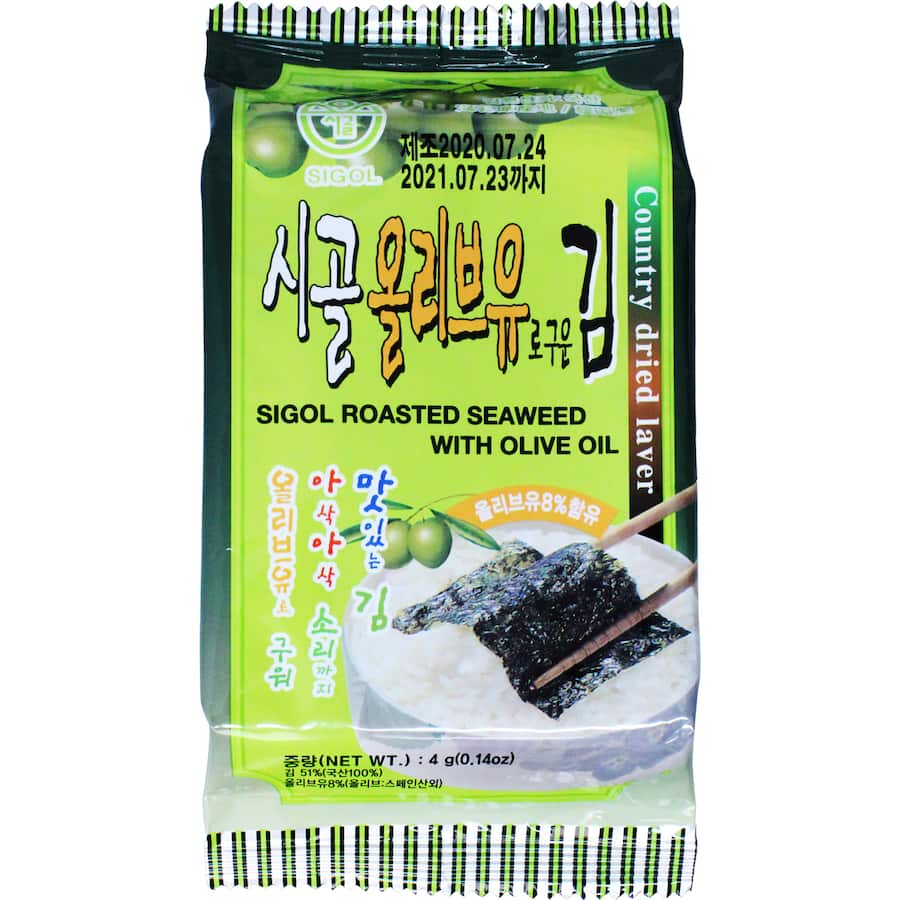 Crispy Sigol Seaweed Nori Snack with Olive Oil in a 4g pack, offering a healthy and savory snacking option.