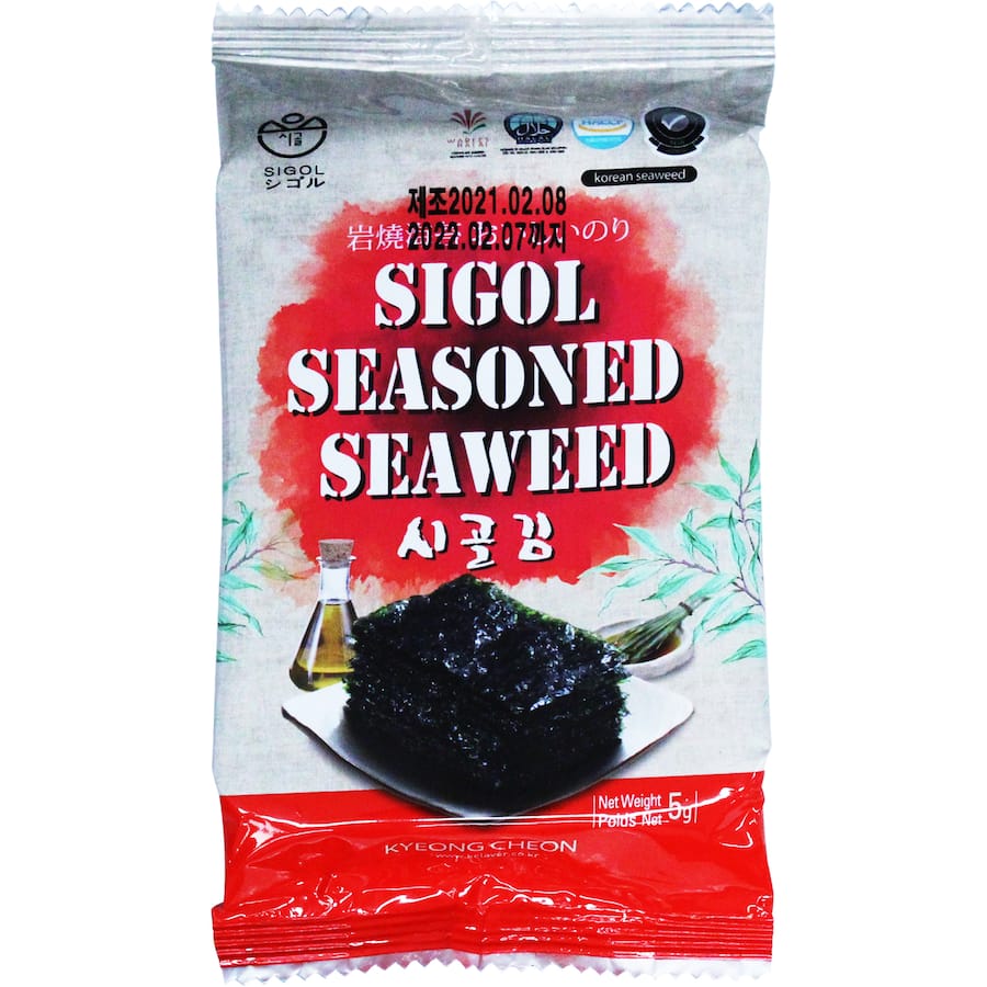 Crispy Sigol Seaweed Nori Snack Original 5g in a pack, offering umami flavor and a healthy, guilt-free treat.