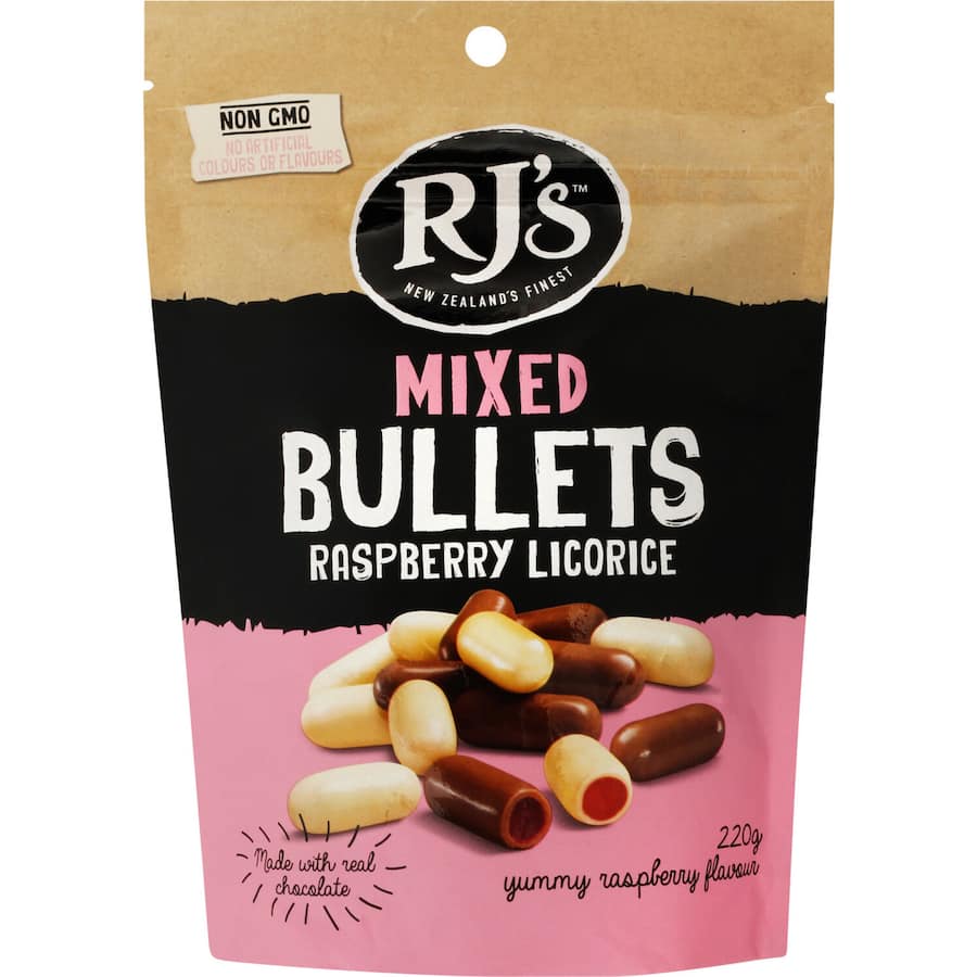 Rjs Bullets Licorice Milk & White Choc Raspberry: bite-sized raspberry licorice wrapped in milk and white chocolate, 220g.