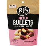 Rjs Bullets Licorice Milk & White Choc Raspberry: bite-sized raspberry licorice wrapped in milk and white chocolate, 220g.