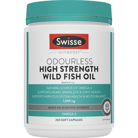 Odourless Swisse Ultiboost Fish Oil capsules, 1500mg, support heart, brain, and joint health with potent omega-3 fatty acids.