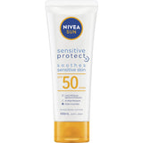 Nivea Sunscreen Sensitive SPF50, a broad-spectrum lotion for sensitive skin with Aloe Vera, Chamomile, and Vitamin E.