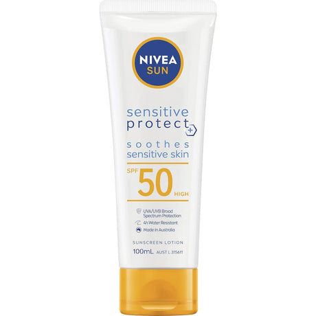 Nivea Sunscreen Sensitive SPF50, a broad-spectrum lotion for sensitive skin with Aloe Vera, Chamomile, and Vitamin E.