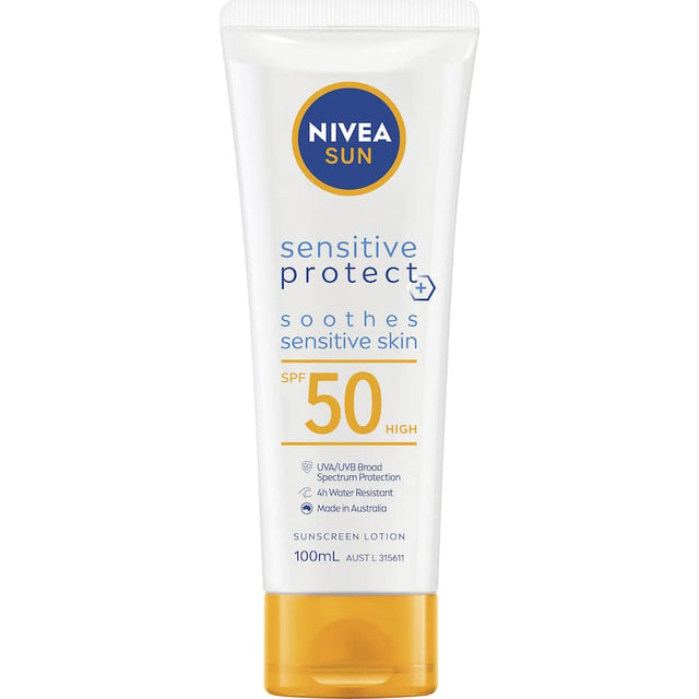 Nivea Sunscreen Sensitive SPF50, a broad-spectrum lotion for sensitive skin with Aloe Vera, Chamomile, and Vitamin E.