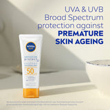 Nivea Sunscreen Sensitive SPF50 lotion for sensitive skin, offering UVA/UVB protection, hydration, and soothing ingredients.