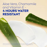 Nivea Sunscreen Sensitive SPF50 bottle with aloe vera, chamomile, and Vitamin E for sensitive skin sun protection.