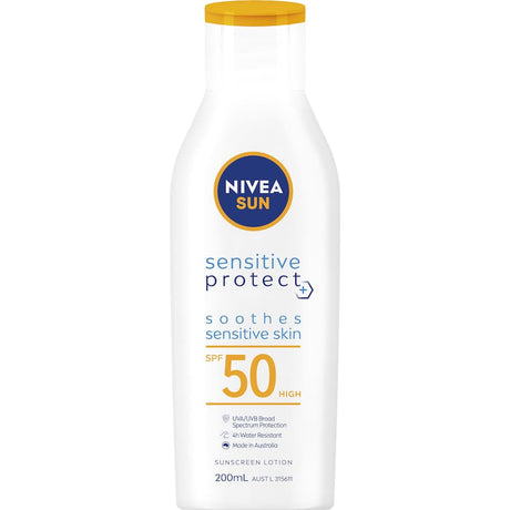 Nivea Sunscreen Lotion Sensitive SPF 50, a lightweight, non-greasy formula for effective UVA/UVB protection and hydration.