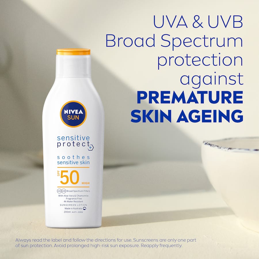 Nivea Sunscreen Lotion Sensitive SPF 50 offers broad-spectrum UVA/UVB protection, ideal for delicate skin with Aloe Vera and Vitamin E.
