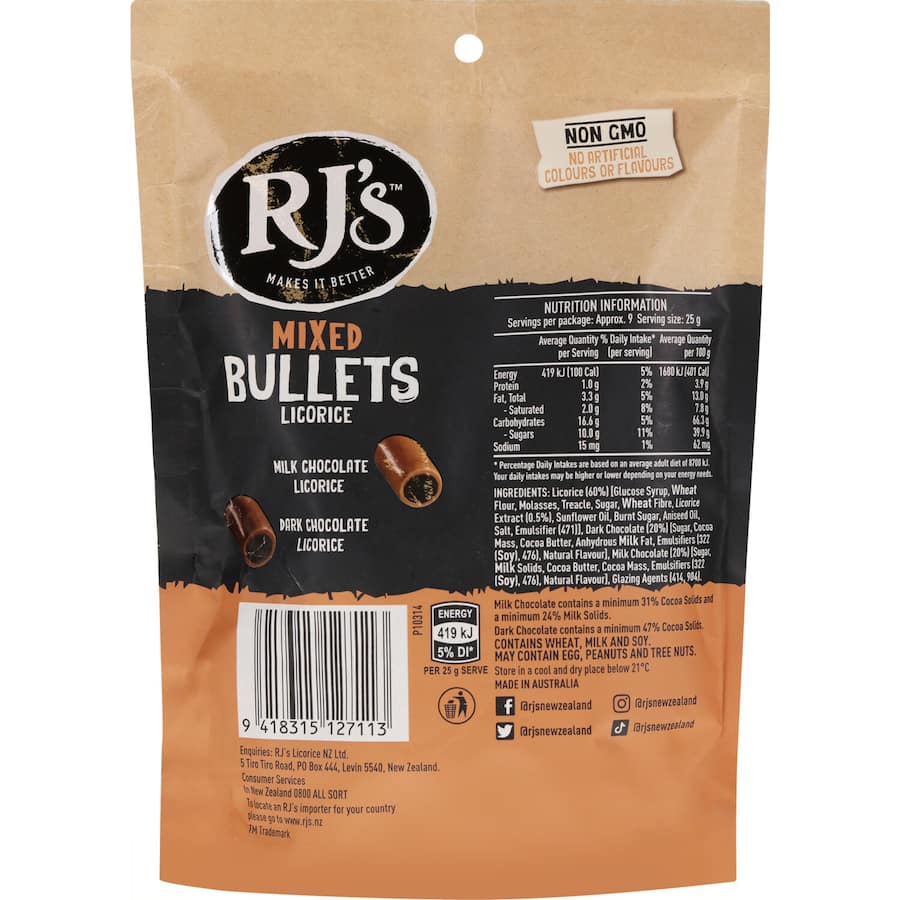 Delicious Rjs Bullets with chewy licorice wrapped in rich dark and smooth milk chocolate, perfect for gifting or indulgence.