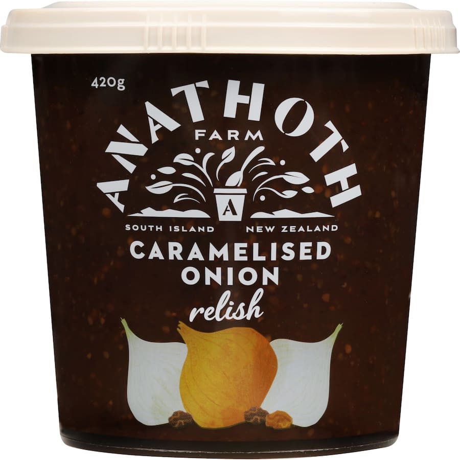 Gourmet Anathoth Farm Caramelised Onion relish, sweet and tangy, perfect for enhancing meats, cheeses, and sandwiches.