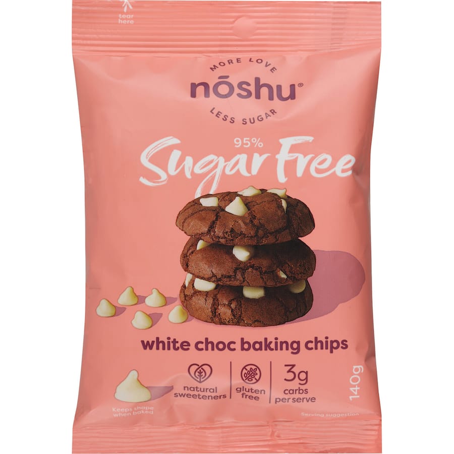 Noshu white chocolate chips, 95% sugar-free, gluten-free, low-carb, perfect for baking and made with natural sweeteners.