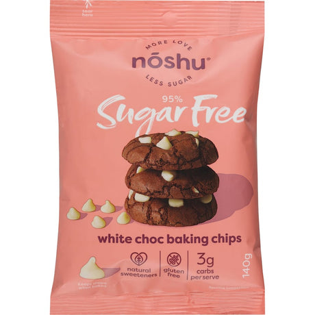 Noshu white chocolate chips, 95% sugar-free, gluten-free, low-carb, perfect for baking and made with natural sweeteners.