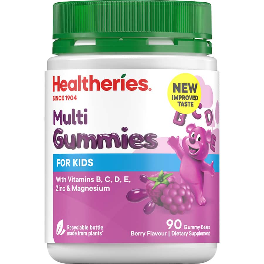 Delicious Healtheries Kids Multi Vitamins Gummies for healthy growth, with essential vitamins and minerals in fruity flavors.