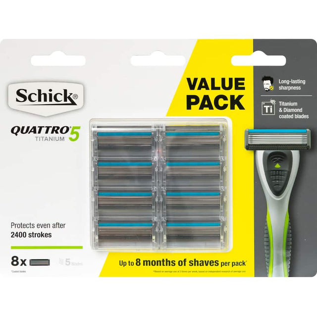 Schick Quattro Razor Blades feature four stainless steel blades for a close, comfortable shave, perfect for all grooming needs.