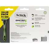 Schick Quattro Razor Blades with four stainless steel blades for a close, smooth shave ideal for sensitive skin.