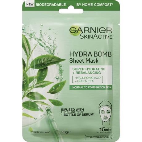 Garnier Hydrabomb Tissue Mask with Green Tea for intense hydration and skin rebalancing in just 15 minutes.