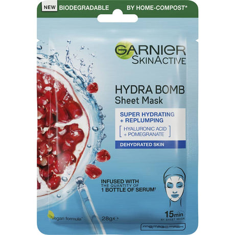 Ultra-hydrating Garnier Hydrabomb Tissue Mask with Pomegranate, enriched with Hyaluronic Acid for refreshed, youthful skin.