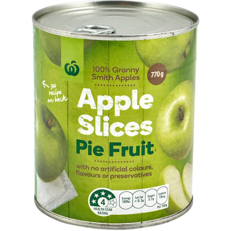 Canned Woolworths Tinned Apples Fruit Pie Slices, made from 100% Granny Smith apples, ideal for pies and crumble desserts.